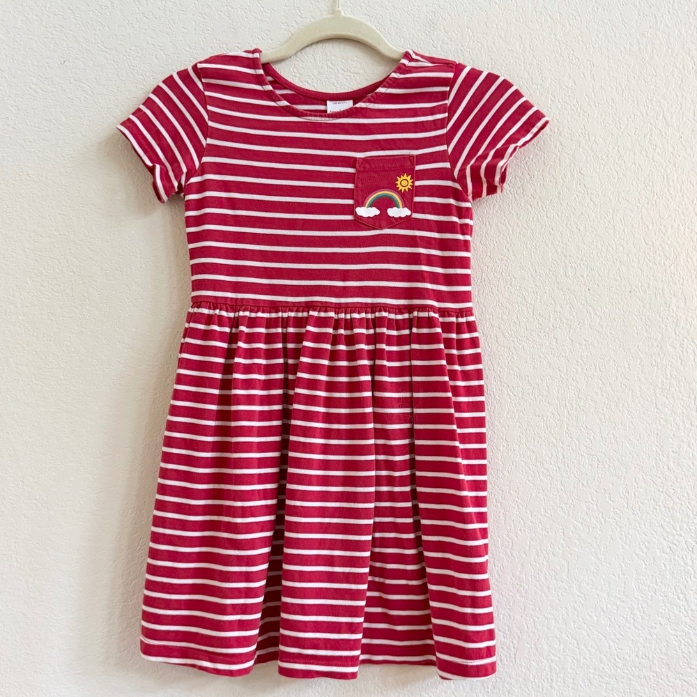 Hanna Andersson Kids Red White Striped Rainbow Pocket Dress Size 130 US 8 Cotton - Picture 1 of 10